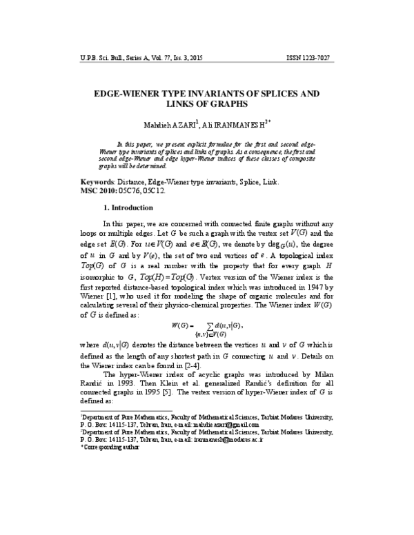 (PDF) Edge-Wiener Type Invariants of Splices and Links of Graphs