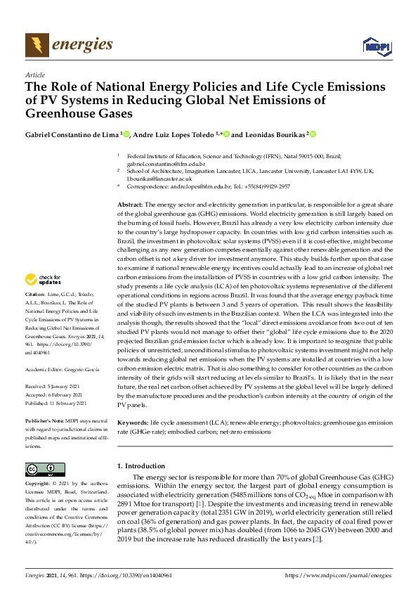 (PDF) The Role of National Energy Policies and Life Cycle Emissions of ...
