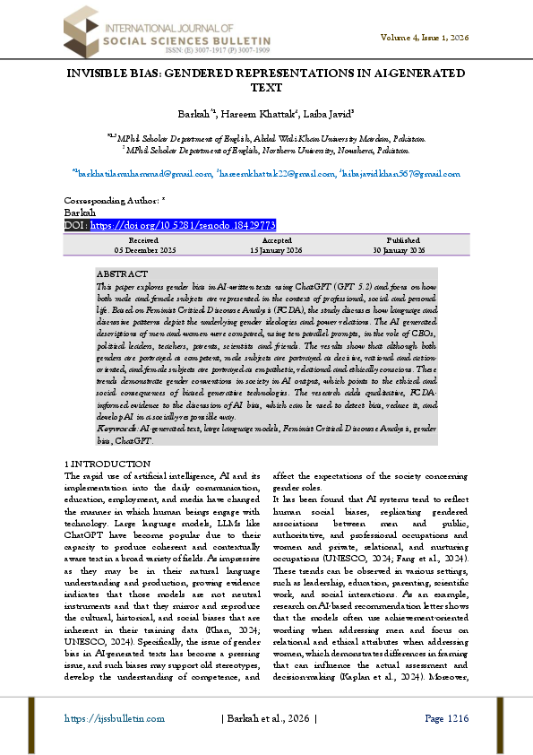 (PDF) INVISIBLE BIAS: GENDERED REPRESENTATIONS IN AI-GENERATED TEXT