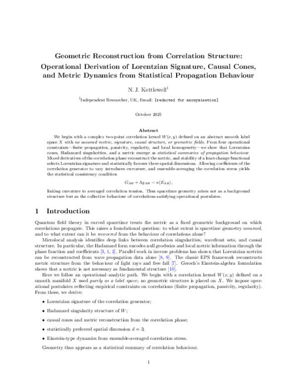 (PDF) Geometric Reconstruction from Correlation Structure: Operational ...
