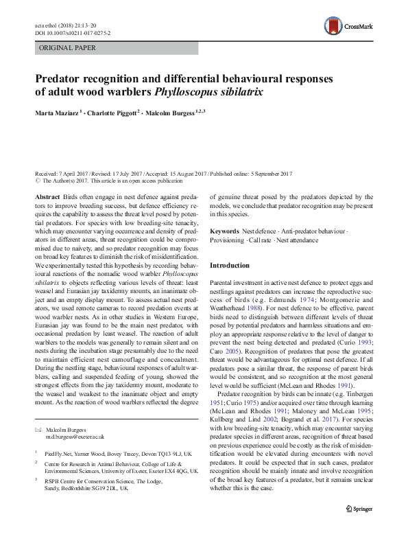 (PDF) Predator recognition and differential behavioural responses of ...