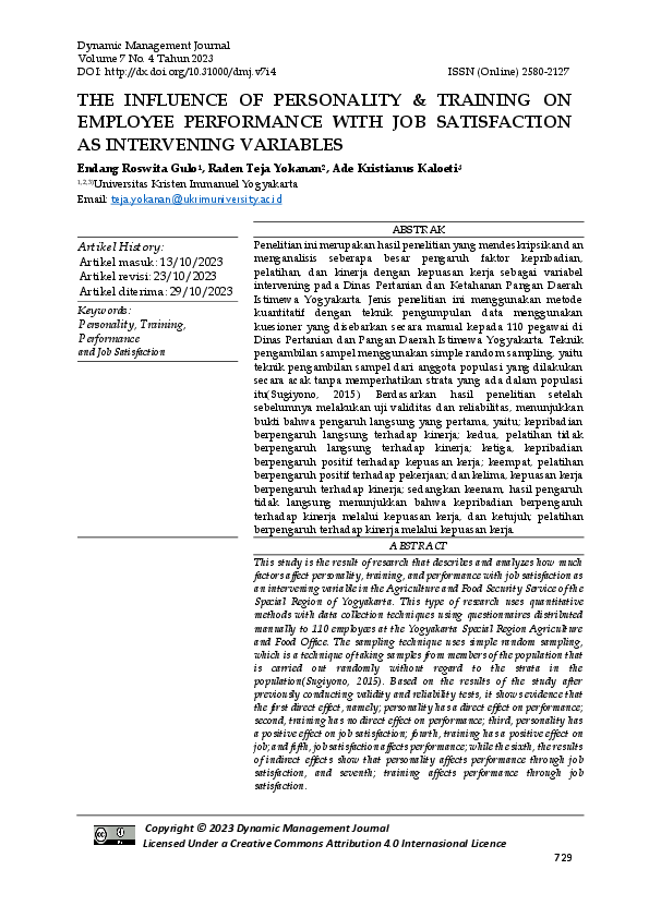 (PDF) THE INFLUENCE OF PERSONALITY & TRAINING ON EMPLOYEE PERFORMANCE ...