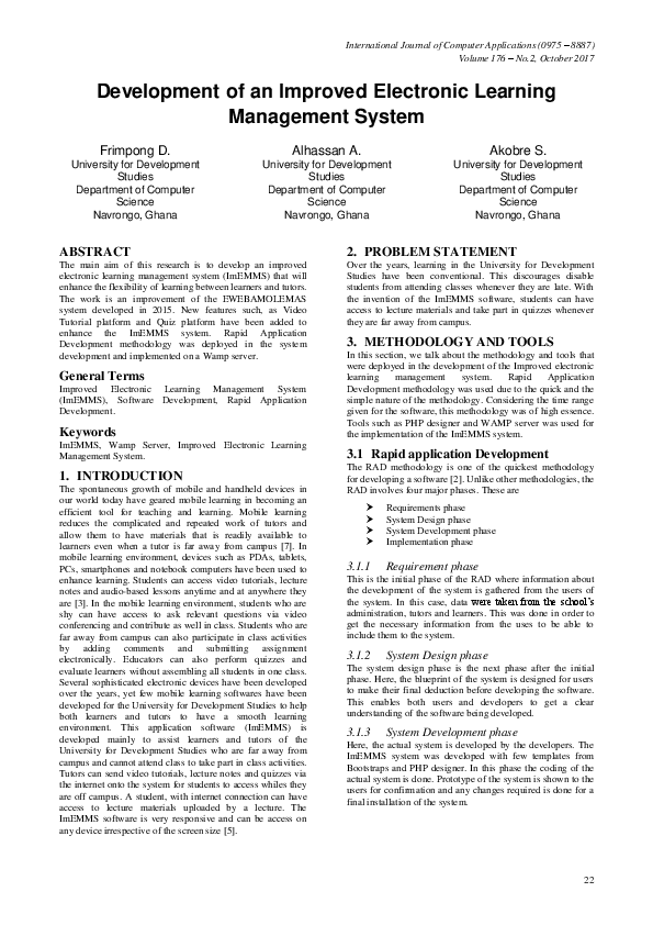 (PDF) Development of an Improved Electronic Learning Management System