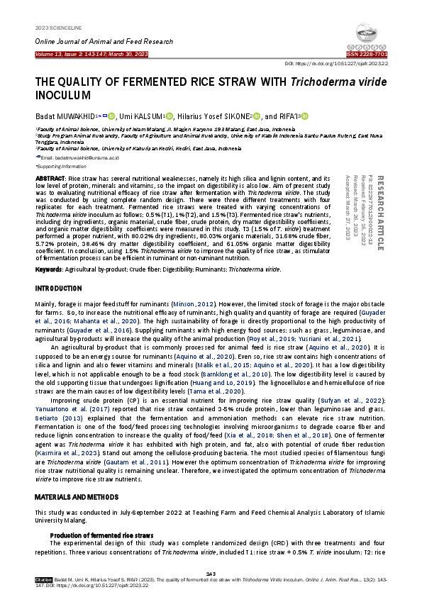 (PDF) The quality of fermented rice straw with Trichoderma viride inoculum