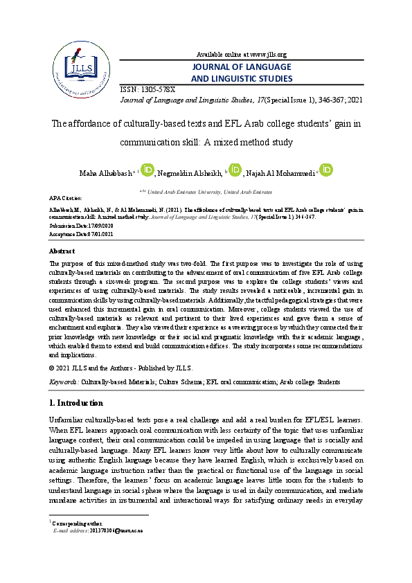 (PDF) The affordance of culturally-based texts and EFL Arab college ...