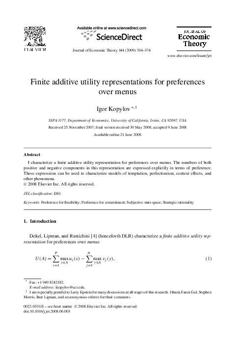 (PDF) Finite additive utility representations for preferences over menus