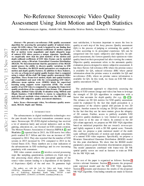 (PDF) No Reference Stereoscopic Video Quality Assessment Using Joint ...