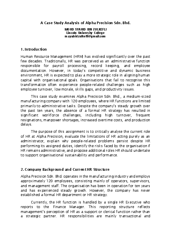 (PDF) A Case Study Analysis of Alpha Precision Sdn. Bhd.