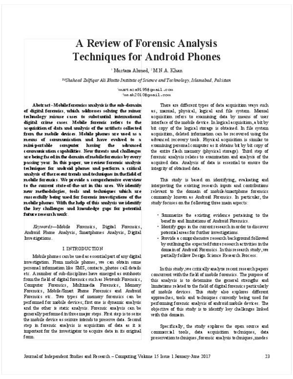 (PDF) A Review Of Forensic Analysis Techniques For Android Phones
