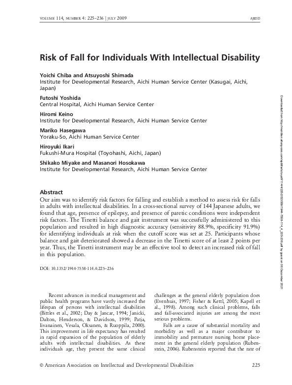 (PDF) Risk of Fall for Individuals With Intellectual Disability