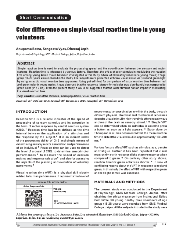 (PDF) Color difference on simple visual reaction time in young volunteers