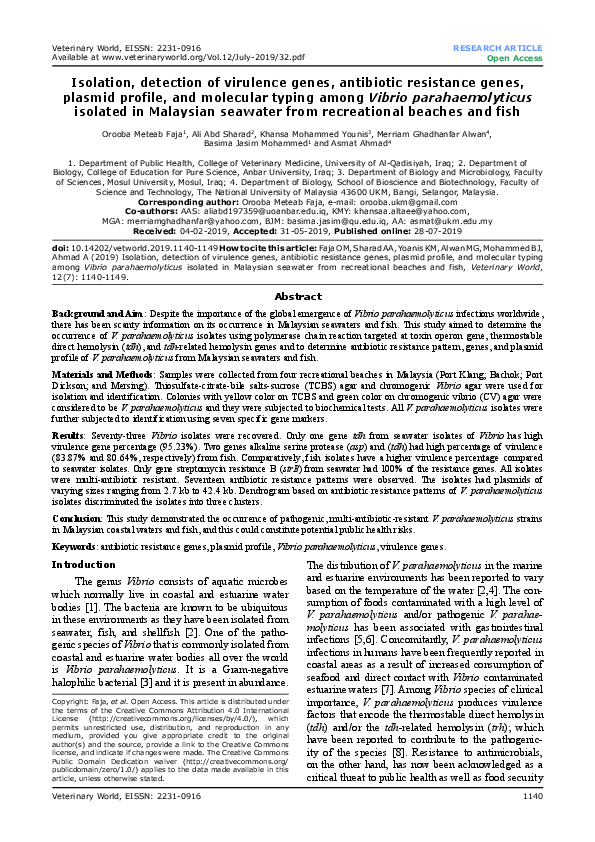 (PDF) Isolation, detection of virulence genes, antibiotic resistance ...