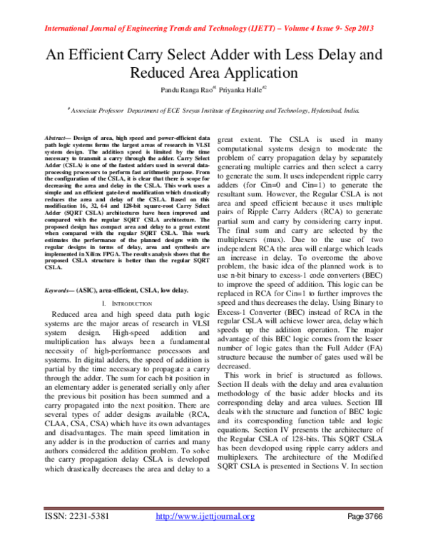 (PDF) An Efficient Carry Select Adder with Less Delay and Reduced Area ...