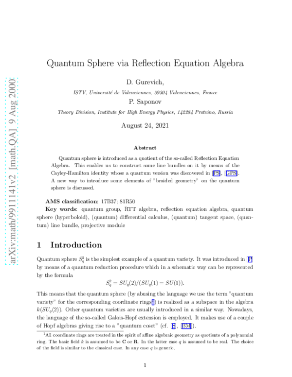 (PDF) Quantum sphere via reflection equation algebra
