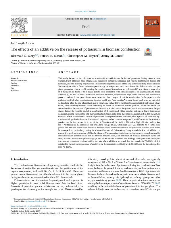 (PDF) The effects of an additive on the release of potassium in biomass ...