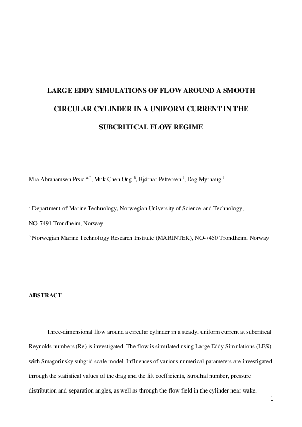 (PDF) Large Eddy Simulations of flow around a smooth circular cylinder ...