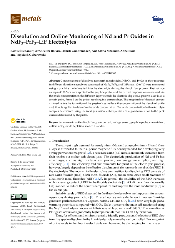 (PDF) Dissolution and Online Monitoring of Nd and Pr Oxides in NdF3 ...