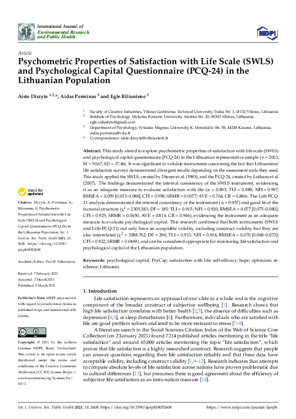 (PDF) Psychometric Properties of Satisfaction with Life Scale (SWLS ...