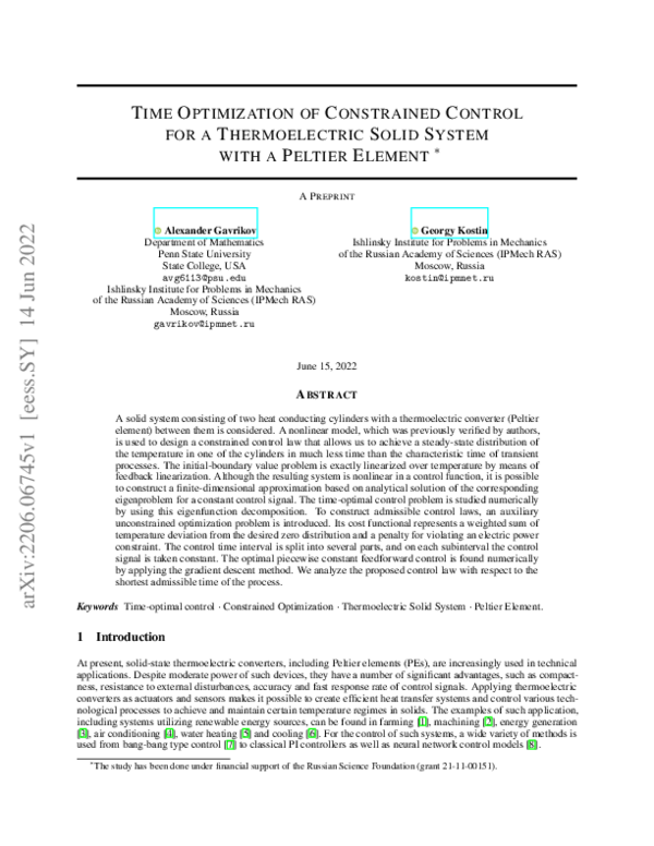(PDF) Time Optimization of Constrained Control for a Thermoelectric ...
