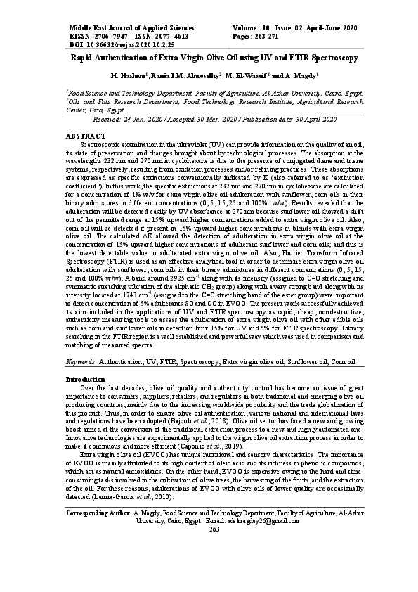 (PDF) Rapid Authentication of Extra Virgin Olive Oil using UV and FTIR ...