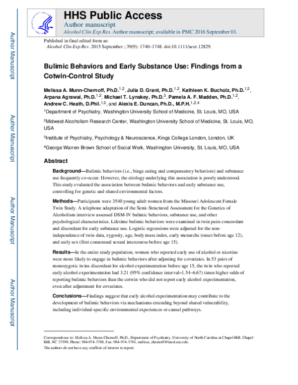 (PDF) Bulimic Behaviors and Early Substance Use: Findings from a Cotwin ...