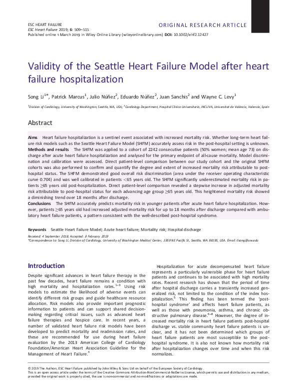 (PDF) Validity of the Seattle Heart Failure Model after heart failure ...