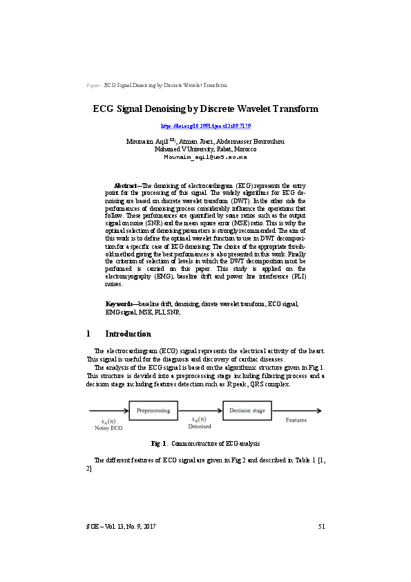 (PDF) ECG Signal Denoising by Discrete Wavelet Transform