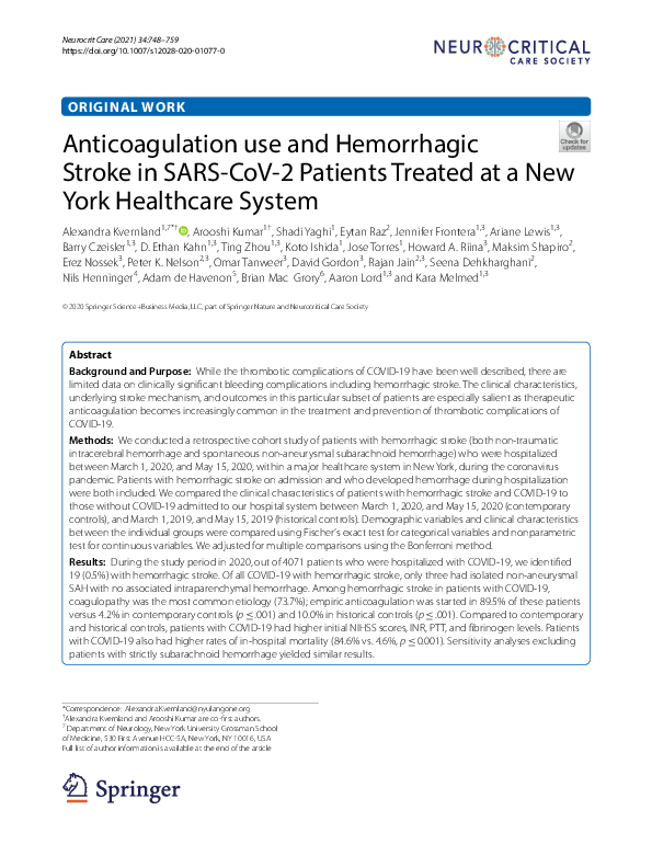 (PDF) Anticoagulation use and Hemorrhagic Stroke in SARS-CoV-2 Patients ...