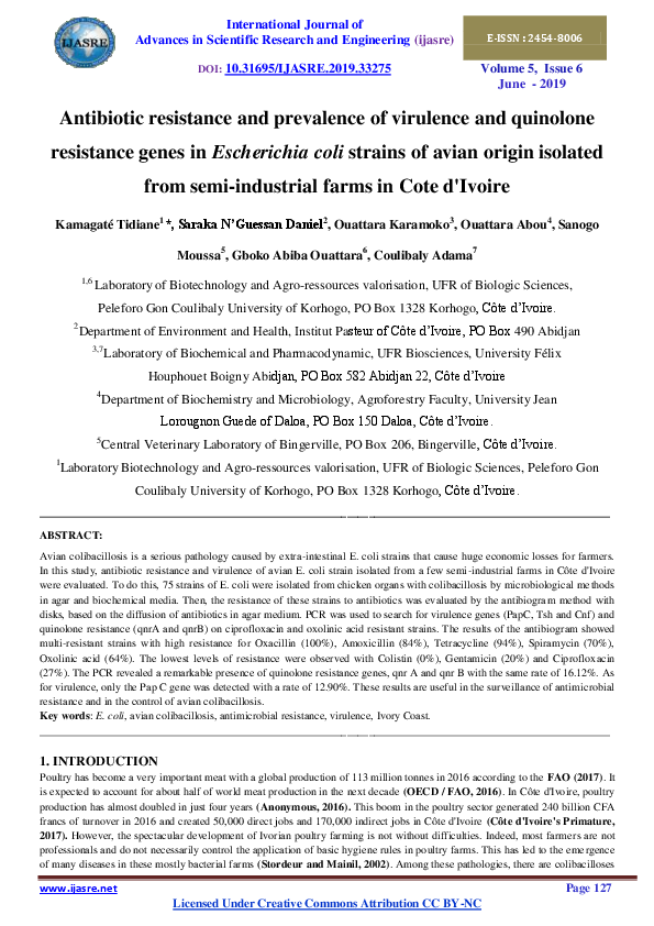 (PDF) Antibiotic resistance and prevalence of virulence and quinolone ...