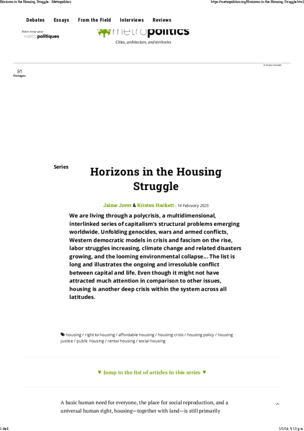 First page of “Horizons in the Housing Struggle”