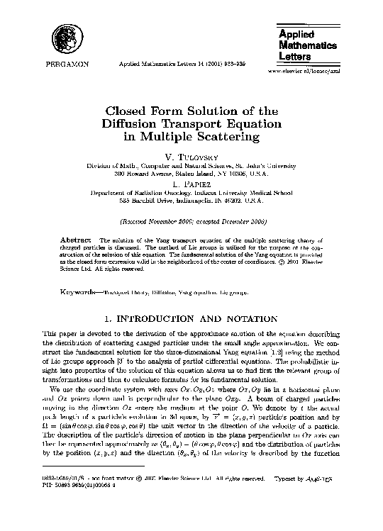 (PDF) Closed form solution of the diffusion transport equation in ...