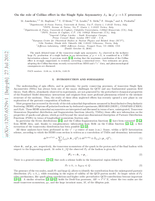 (PDF) Role of Collins effect in the single spin asymmetryANinp↑p→ ...