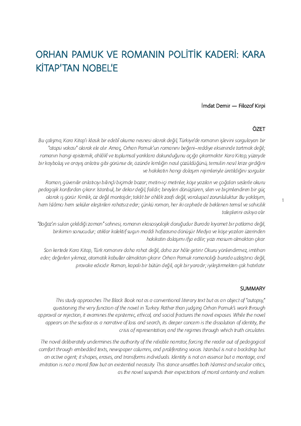 (PDF) ORHAN PAMUK VE ROMANIN POLİTİK KADERİ: KARA KİTAP'TAN NOBEL'E