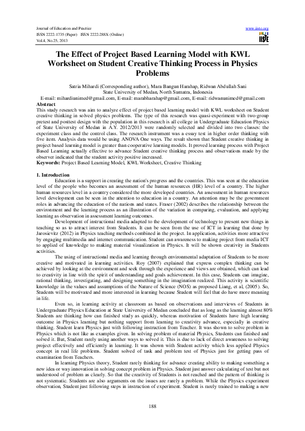 (PDF) The Effect of Project Based Learning Model with KWL Worksheet on ...