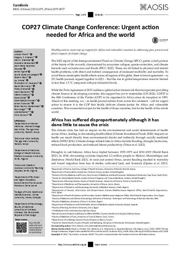 (PDF) COP27 Climate Change Conference: Urgent action needed for Africa ...