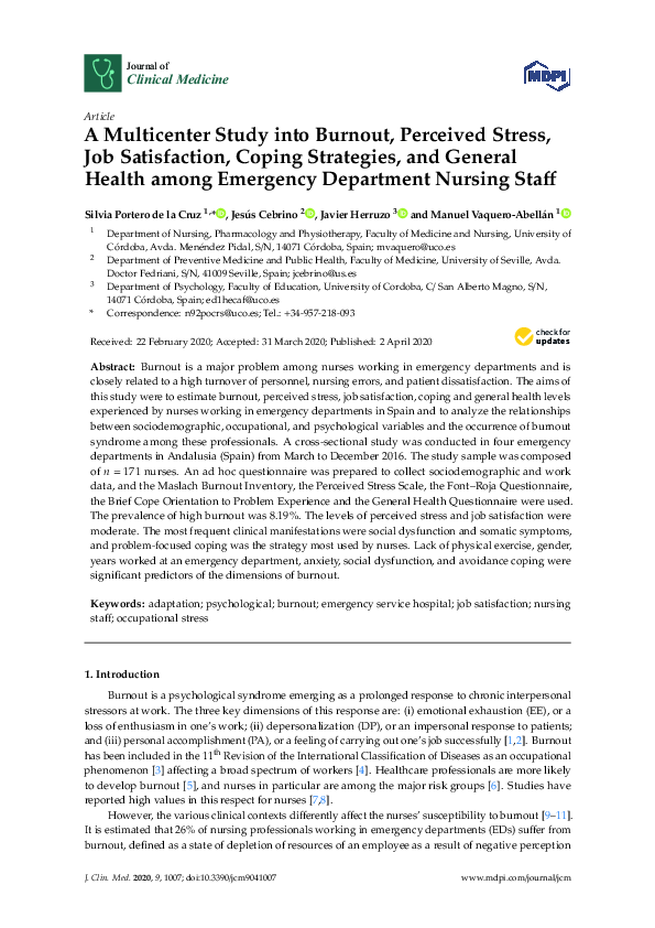 (PDF) A Multicenter Study into Burnout, Perceived Stress, Job ...