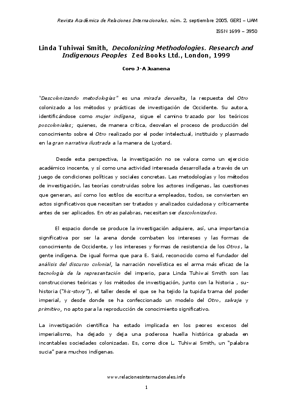 (PDF) Linda Tuhiwai Smith. Decolonizing Methodologies. Research and ...
