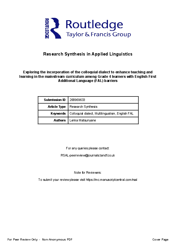 (PDF) Research Synthesis in Applied Linguistics Exploring the ...