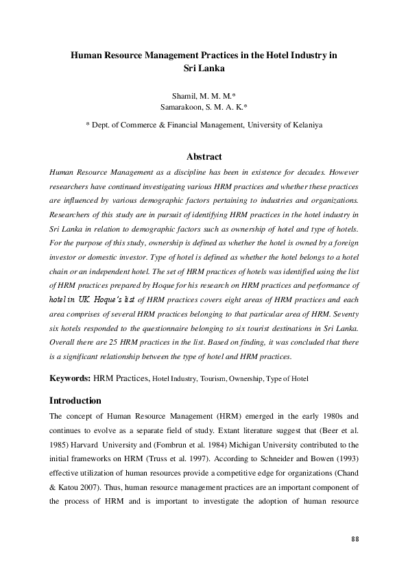 (PDF) Human Resource Management Practices in the Hotel Industry in Sri ...