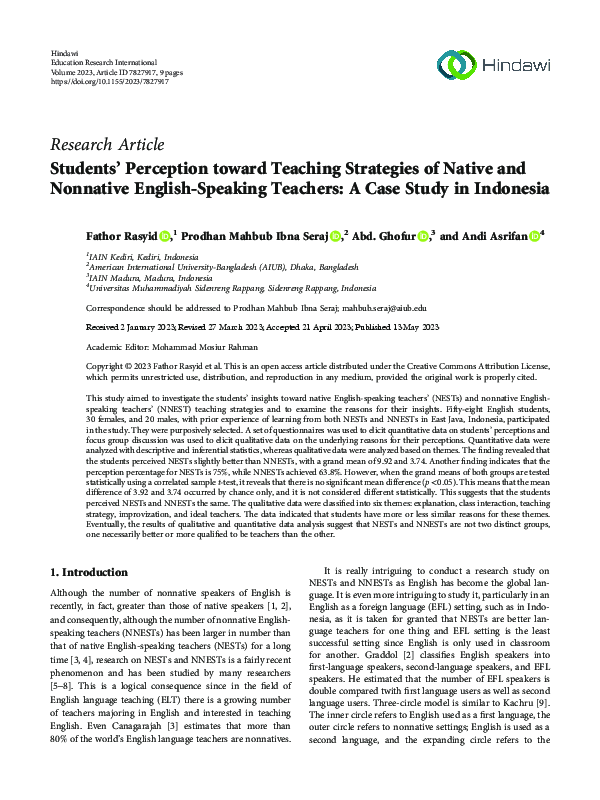 (PDF) Students’ Perception toward Teaching Strategies of Native and ...