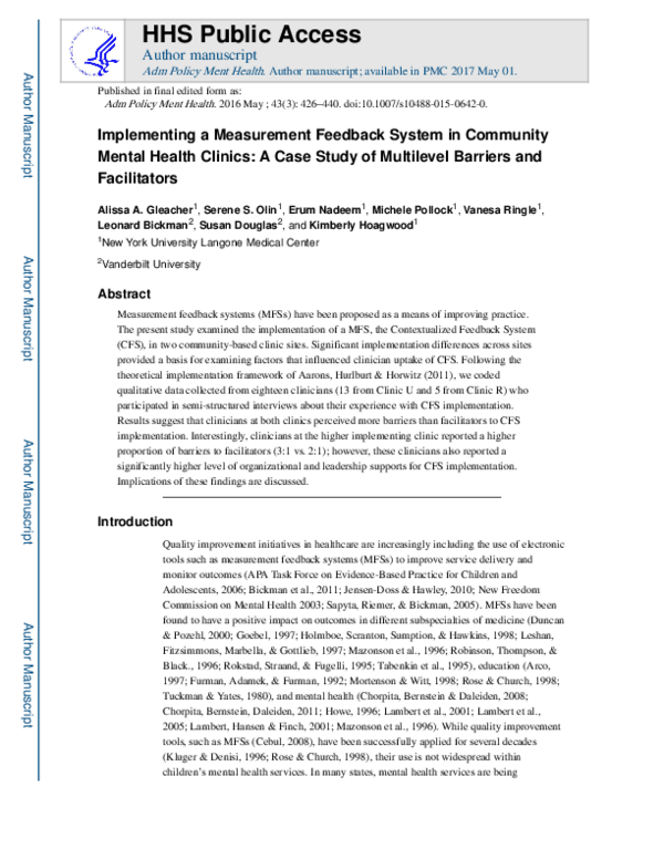 (PDF) Implementing a Measurement Feedback System in Community Mental ...