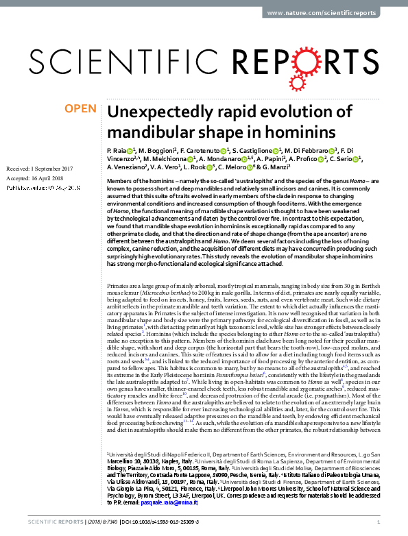 (PDF) Unexpectedly rapid evolution of mandibular shape in hominins