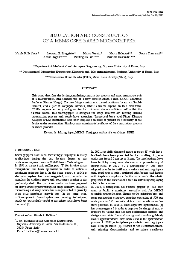 (PDF) Simulation and Construciton of a MEMS CSFH Based Microgripper