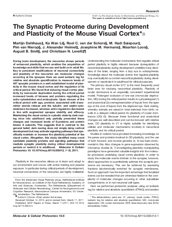 (PDF) The Synaptic Proteome during Development and Plasticity of the ...