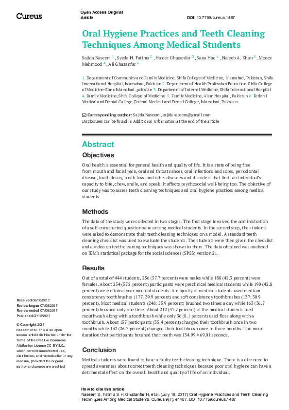 (PDF) Oral Hygiene Practices and Teeth Cleaning Techniques Among ...