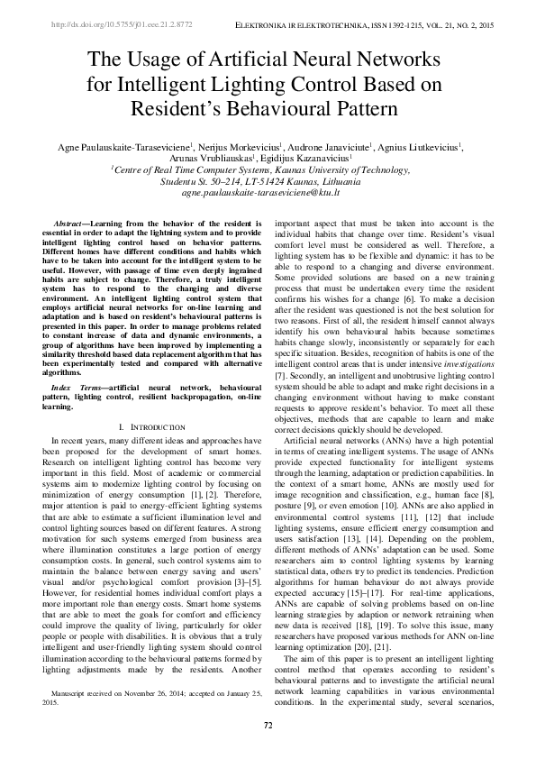 (PDF) The Usage of Artificial Neural Networks for Intelligent Lighting ...