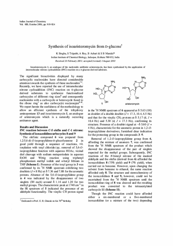 (PDF) Synthesis of isoaristeromycin from -glucose
