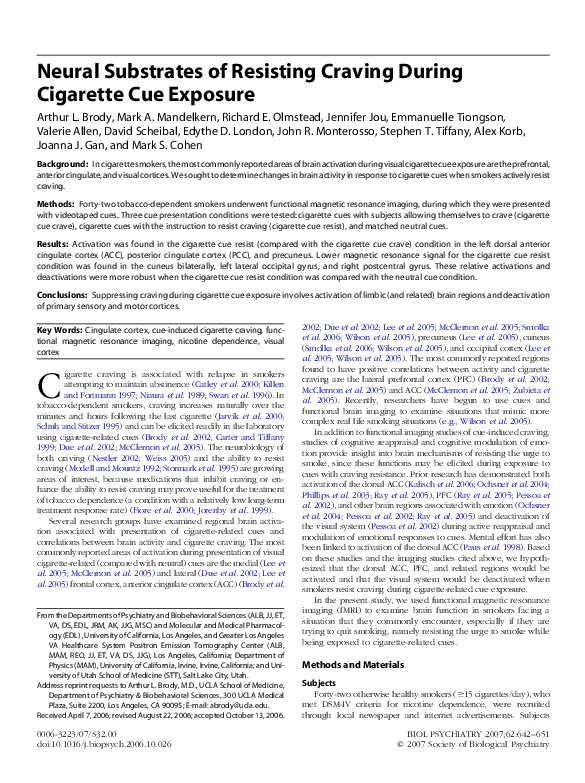 (PDF) Neural Substrates of Resisting Craving During Cigarette Cue Exposure