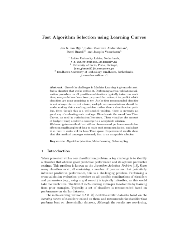 (PDF) Fast Algorithm Selection Using Learning Curves