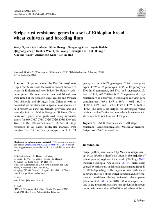(PDF) Stripe rust resistance genes in a set of Ethiopian bread wheat ...
